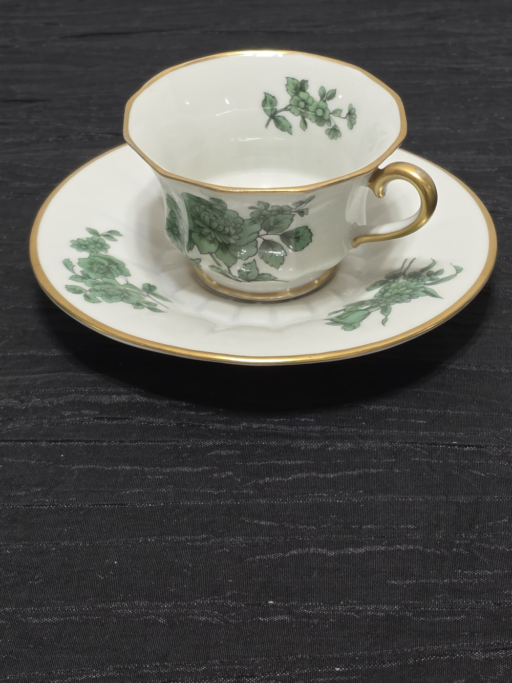 Vintage Miniature Porcelain Teacup & Saucer Set - Green Floral with Gold Trim